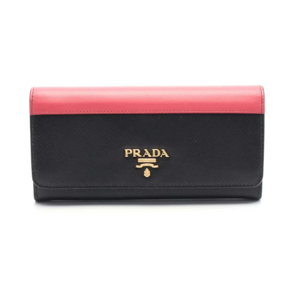Prada Bi fold Long Wallet Leather Black Pink